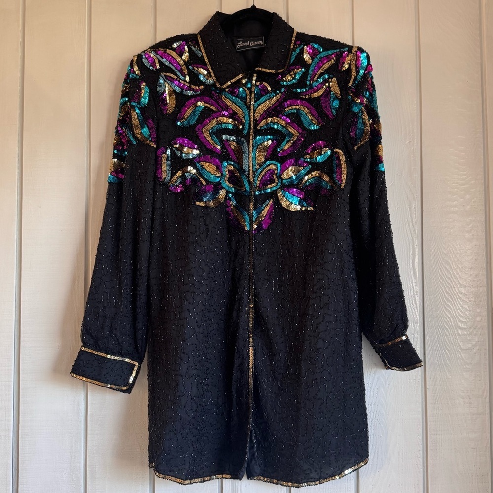 Vintage Jewel Queen Black Silk Beaded Coat